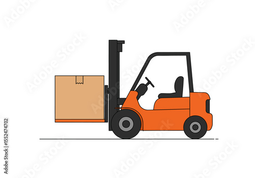 An orange forklift carries a tan box on a blacklined flat surface