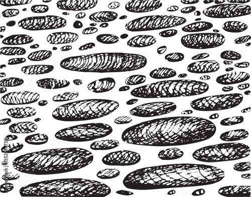 Hand-Drawn Stone Pebbles Texture in Black and White. Abstract Engraving Style Pebble Pattern Background. Monochrome Pebble Pattern with Natural Stone Texture
