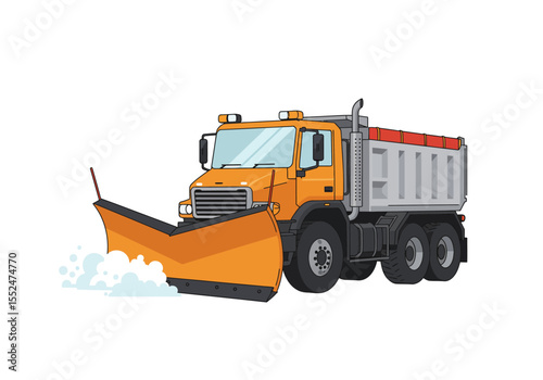 An orange snowplow truck pushing snow on a white background