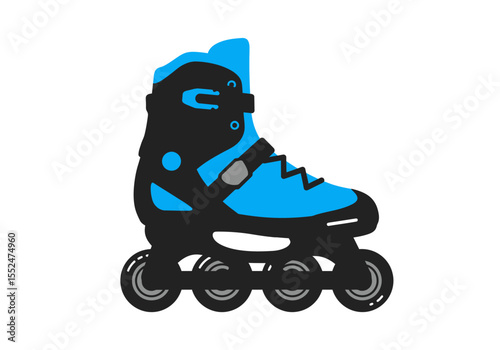 Blue  black inline roller skate with 4 wheels facing right
