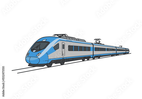 Blue  gray passenger train with overhead electric lines on a double track angled perspective