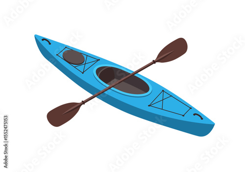 Blue kayak w brown paddle Black rigging gray circles  dark interior