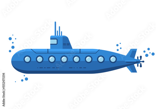 Blue submarine in water featuring round windows and propellers against a white background