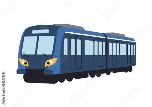 Blue subway train with yellow headlights on a white background
