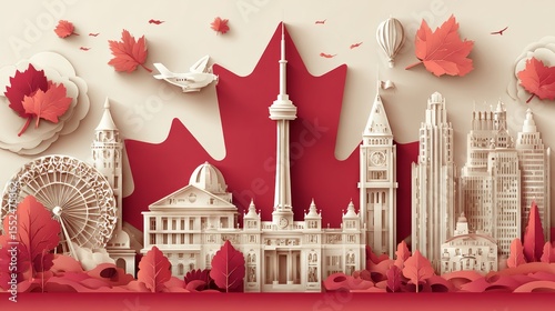 Illustration Anniversary celebration Canada day in maple leaf flag background with Travel landmarks architecture of Canada in Toronto and Ontario, in paper art, paper cut style. Vector illustration 