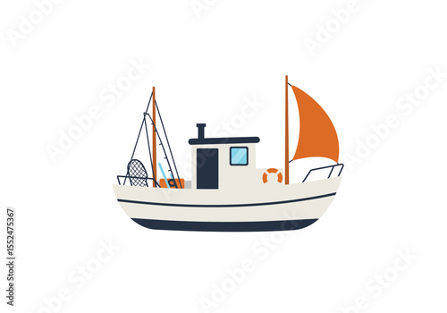 Boat with a sail fishing pole and life preserver depicted as a cartoon illustration