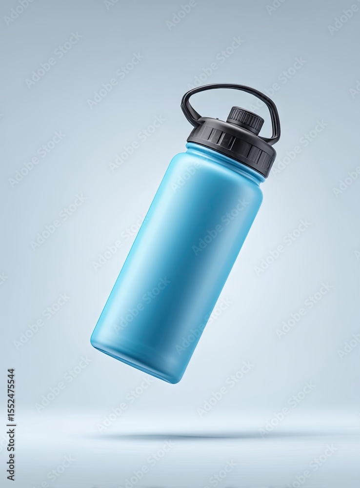 A light-blue, cylindrical water bottle with a black, loop-top lid floats against a pale-blue backdrop, subtly casting a shadow A light-blue, cylindrical water bottle with a black, loop-top lid floats against a pale-blue backdrop, subtly casting a shadow
