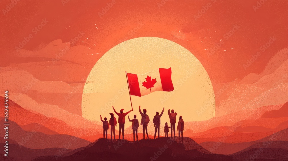 Naklejka premium People Raising Canada Flag and Wave it Proudly