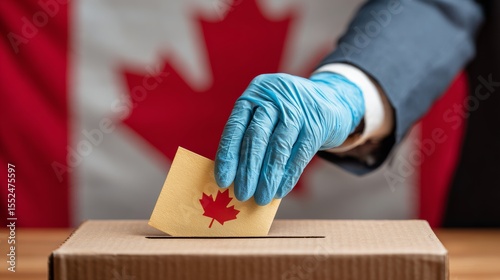 Person wearing suit casting vote in ballot slot,hand in blue PPE protective surgical glove dropping paper in box with CANADIAN flag,COVID-19 protection & polling station social distancing 