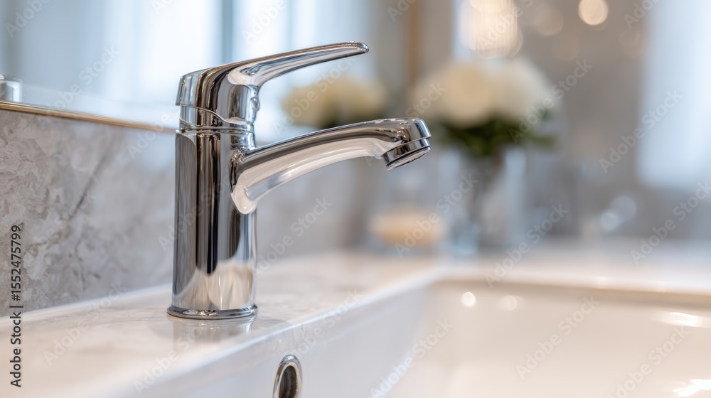 Modern bathroom faucet with chrome finish in a stylish setting featuring a marble sink and decorative flowers Modern bathroom faucet with chrome finish in a stylish setting featuring a marble sink and decorative flowers
