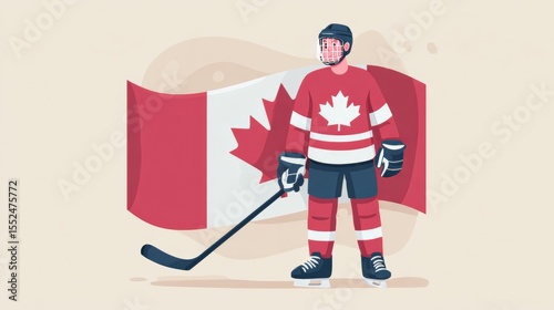 Vector illustration of Canadian hockey player. Canadian athlete wearing hockey uniform and helmet against Canada flag. Representation of nationality and culture. Vector illustration in flat style 