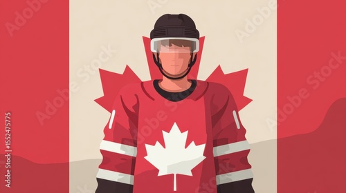 Vector illustration of Canadian hockey player. Canadian athlete wearing hockey uniform and helmet against Canada flag. Representation of nationality and culture. Vector illustration in flat style 