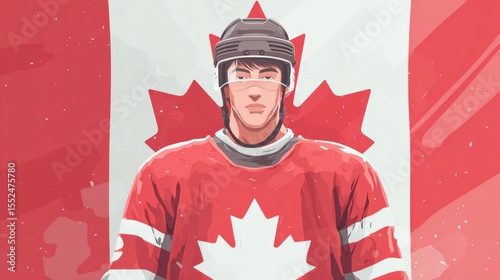 Vector illustration of Canadian hockey player. Canadian athlete wearing hockey uniform and helmet against Canada flag. Representation of nationality and culture. Vector illustration in flat style 