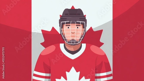 Vector illustration of Canadian hockey player. Canadian athlete wearing hockey uniform and helmet against Canada flag. Representation of nationality and culture. Vector illustration in flat style 