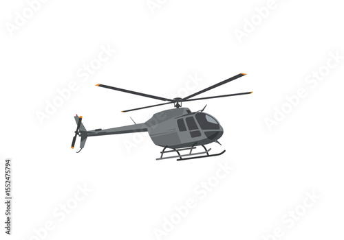 Gray helicopter with rotating blades against a white background