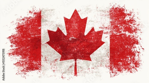 A faded grunge effect horizontal old smudged Canada Flag maple leaf flag design printed on white corner of a grungy vibrant bright painted red backgrounds 