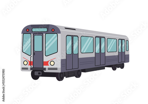 Gray subway train with light blue windows and several dark gray doors