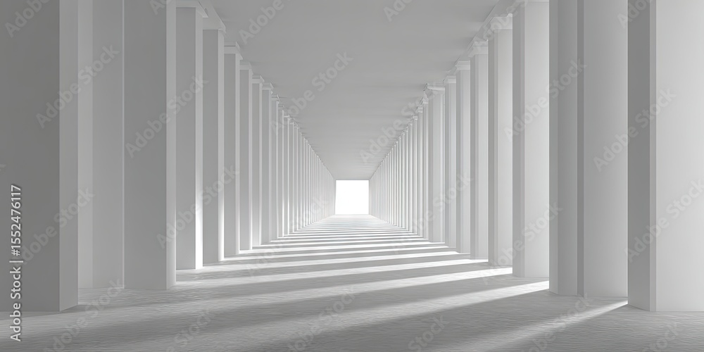 Fototapeta premium A long, light-filled colonnade with numerous white columns receding to a bright opening at the far end, casting soft shadows on the floor