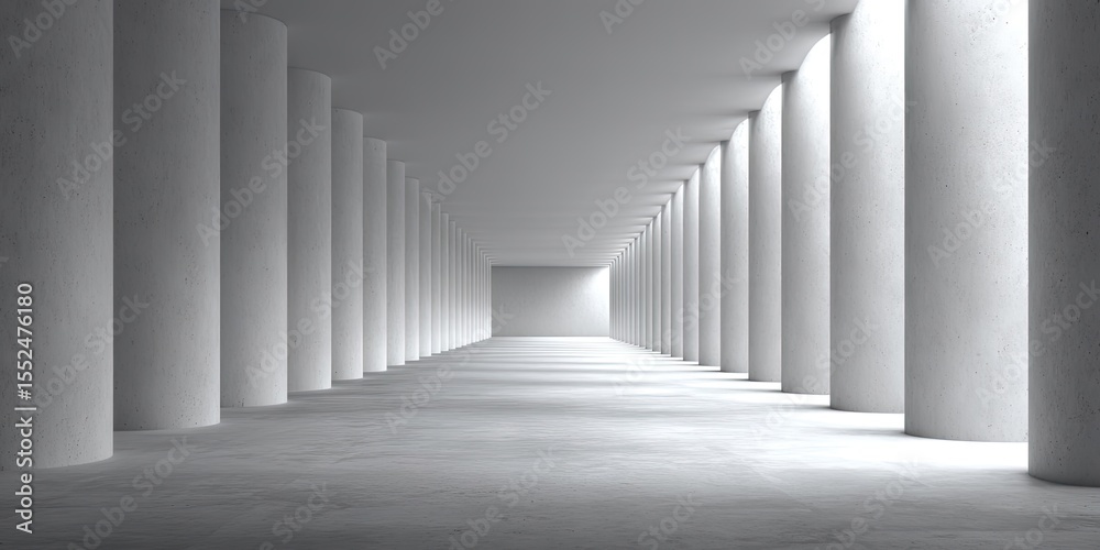 Fototapeta premium A long, light-filled corridor with numerous cylindrical columns on either side, converging towards a bright, distant end