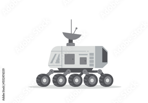 Grey rover vehicle with dish antenna atop the boxy body sitting on six wheels with connecting arms
