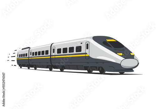 Highspeed train with grey and silver cars yellow stripe and motion lines