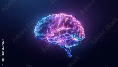 A luminous, ethereal brain rendered in vibrant pink and blue hues against a deep navy backdrop, showcasing intricate neural pathways