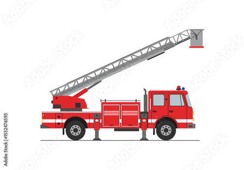 Red fire truck with extended ladder on a white background
