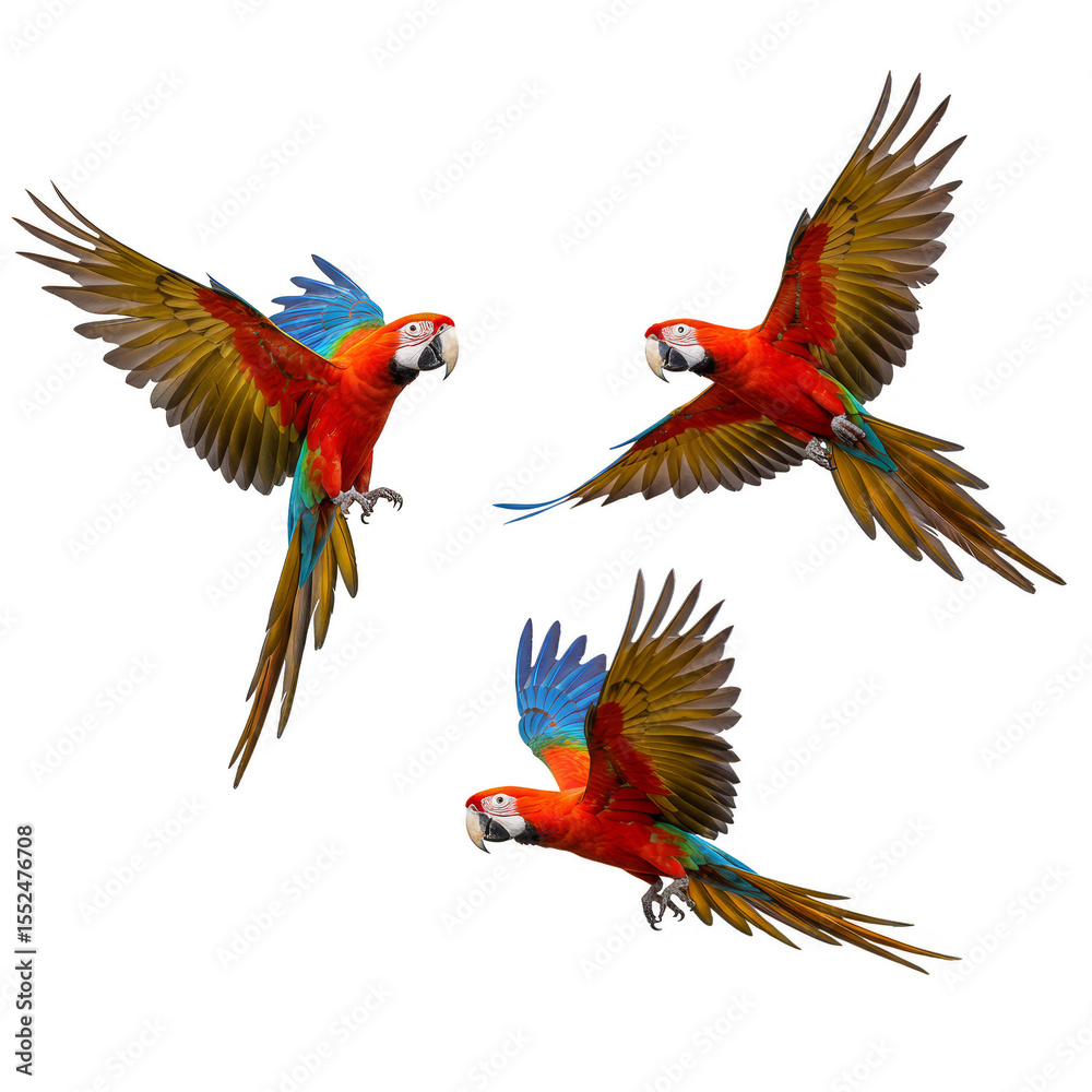 Fototapeta premium Isolated Three Colorful Scarlet Macaw Parrots Flying On Transparent Background