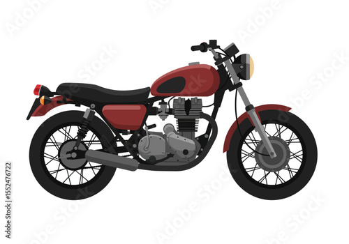 Red motorcycle side view black seat round headlight shiny exhaust pipe spoked wheels on a white background
