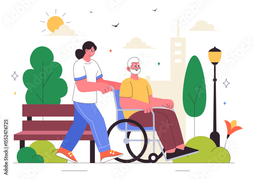 Elderly Care Services Vector Illustration Featuring Life with a Caregiver, Nursing Home, Assisted Living, and Support in a Flat Style Background