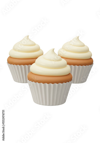 Isolated Three Cupcakes with White Cream Frosting Dessert on Transparent Background