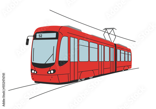 Red tramcar with number 52 on its front windshield