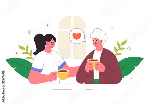 Elderly Care Services Vector Illustration Featuring Life with a Caregiver, Nursing Home, Assisted Living, and Support in a Flat Style Background