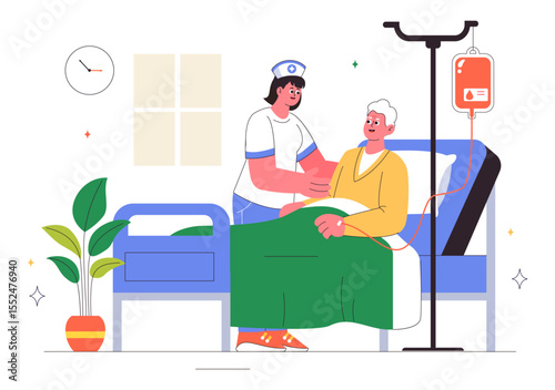 Elderly Care Services Vector Illustration Featuring Life with a Caregiver, Nursing Home, Assisted Living, and Support in a Flat Style Background