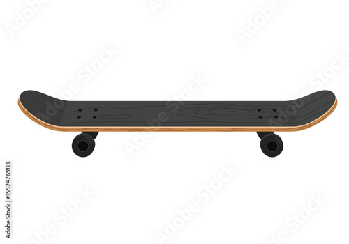 Skateboard with black deck and wheels laid horizontally