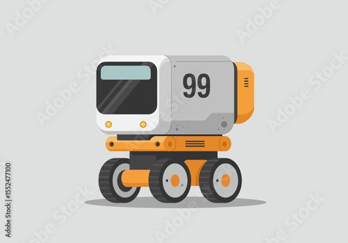 Stylized robot with 99 on a gray body orange details and circular wheels on a light gray background