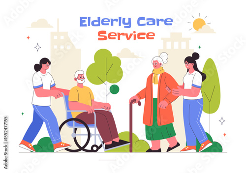 Elderly Care Services Vector Illustration Featuring Life with a Caregiver, Nursing Home, Assisted Living, and Support in a Flat Style Background