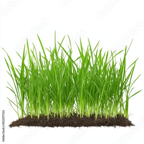 Healthy green grass with visible roots growing from dark soil isolated on white background
