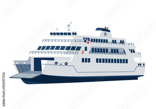 White ferryboat with blue details featuring a multitiered deck design against a plain background
