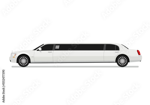 White limo side view with tinted windows and round tires on a gray shadow against a plain white background