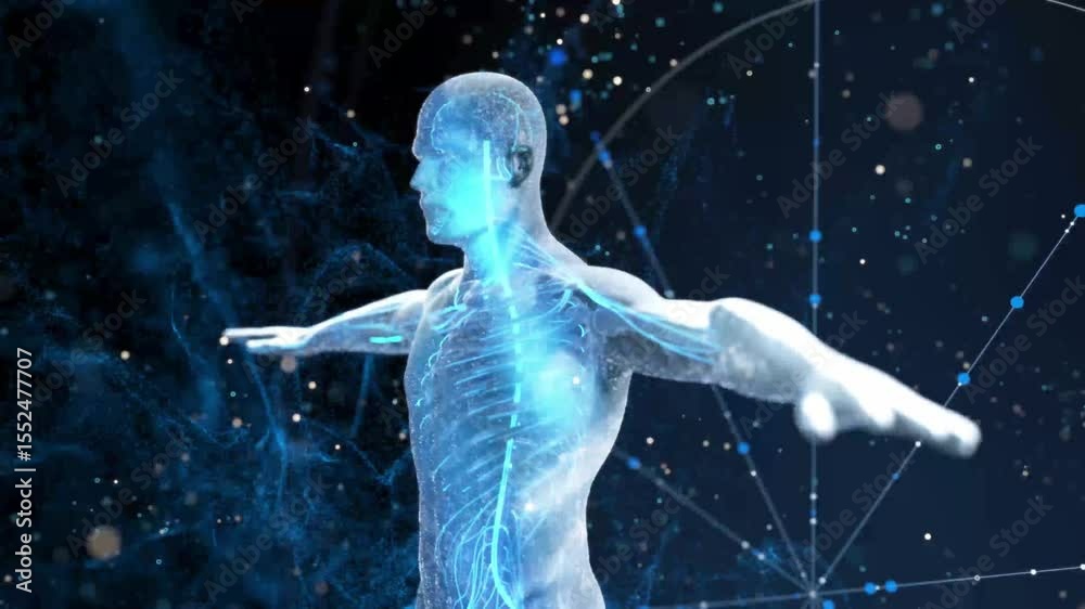 AI big data technology human brain computing, lines growing out of arms, transparent human body appears, cosmic particle space, brain data computing, high-tech future medical care, 3D animation.