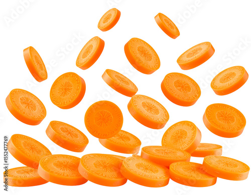 Vibrant orange carrot slices levitate and fall, creating a dynamic, appetizing image