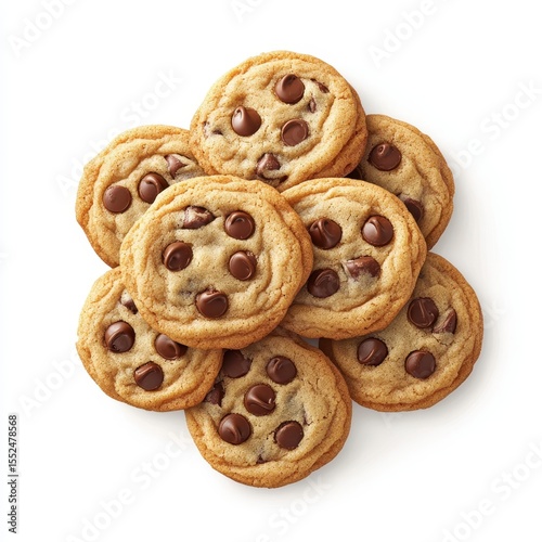 Pile of delicious homemade chocolate chip cookies isolated on white background
