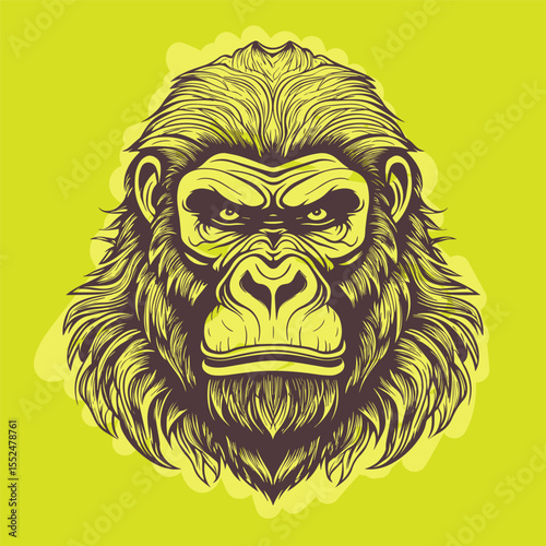 Angry Gorilla Head Illustration in Bold Black Line Style with Intense Expression on Bright Green Background