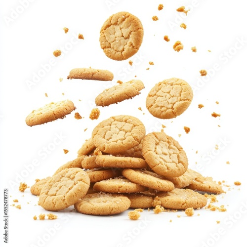 Pile of golden brown cookies falling and crumbled pieces isolated on white background