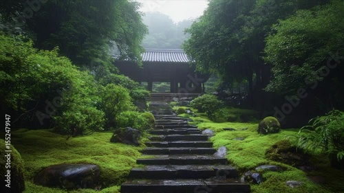 The Japanese style garden of the temple features stone steps leading to an ancient building surrounded by lush greenery and moss-covered stones in the misty rain
