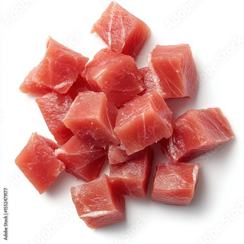 Fresh raw tuna cubes cut for sushi or sashimi isolated on white background