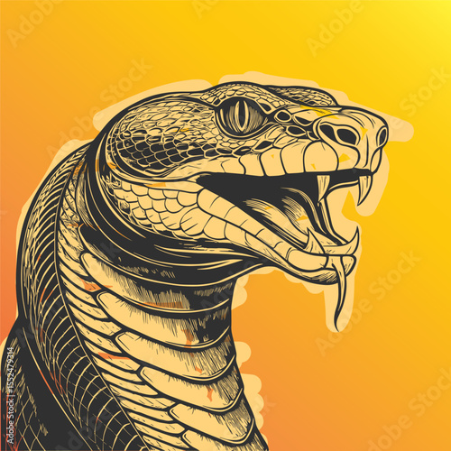 Aggressive Snake Head with Open Mouth and Fangs in Bold Vector Style on Gradient Background