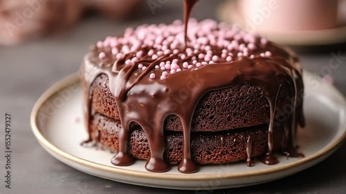 Chocolate Cake Delight: A delectable chocolate cake with rich chocolate frosting, garnished with pink sprinkles, presented on a plate, a tempting image for any celebration or moment.