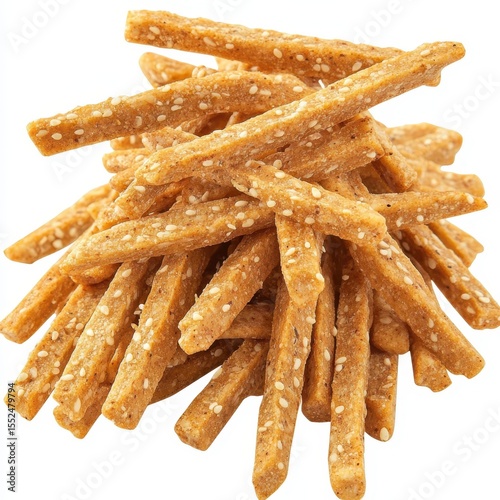 Pile of golden sesame breadsticks snack isolated on white background